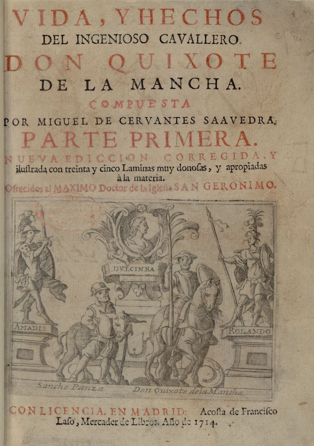 Miguel de Cervantes Saavedra: Vida, y hechos del ingenioso cavallero Don Quixote de la Mancha (Spanish language, 1714)